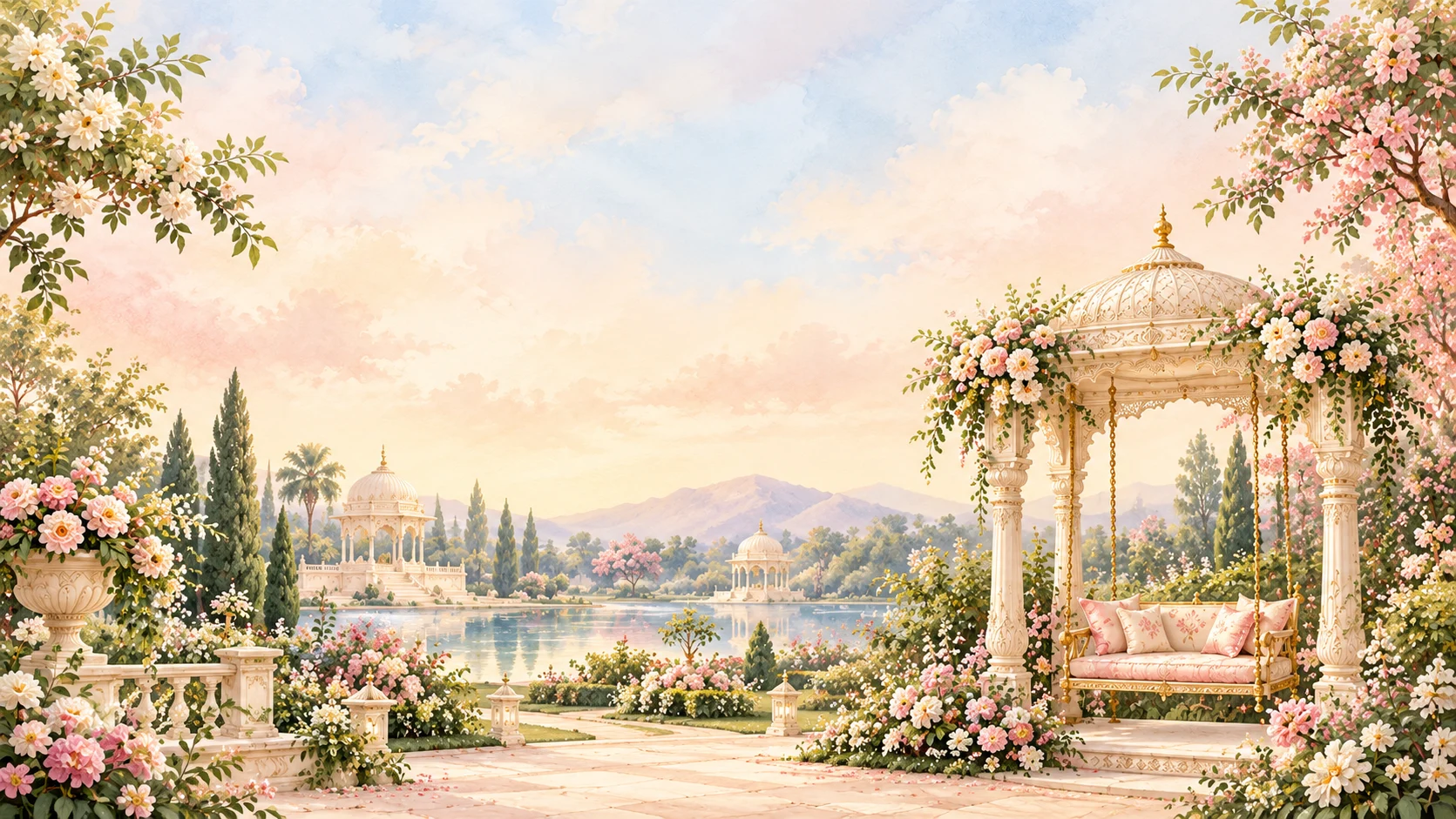 A Mughal garden swing pavilion at golden hour, framed by blossom branches
