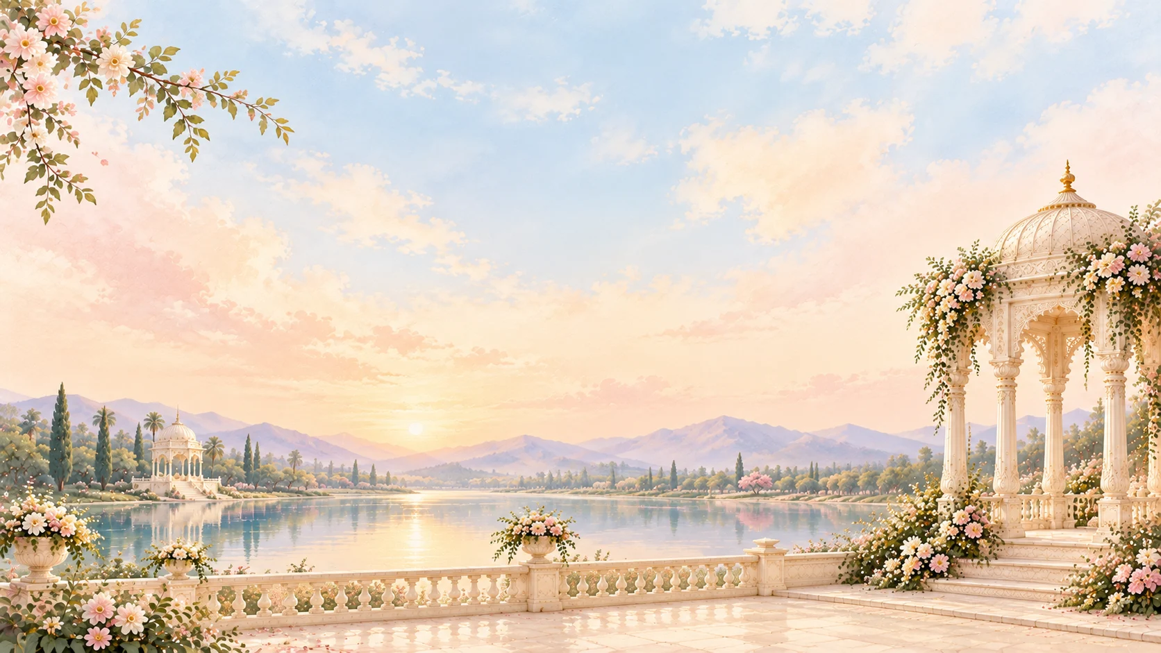 A lakeside pavilion at golden hour framed by blossoms