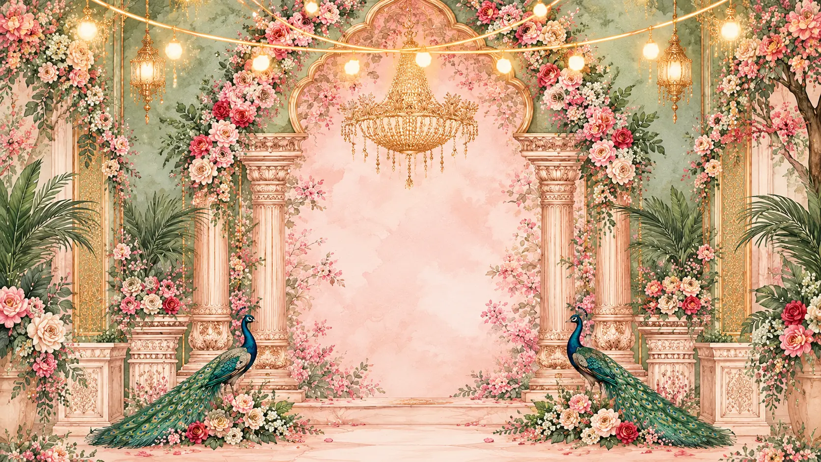 A floral palace arch with a golden chandelier and two peacocks