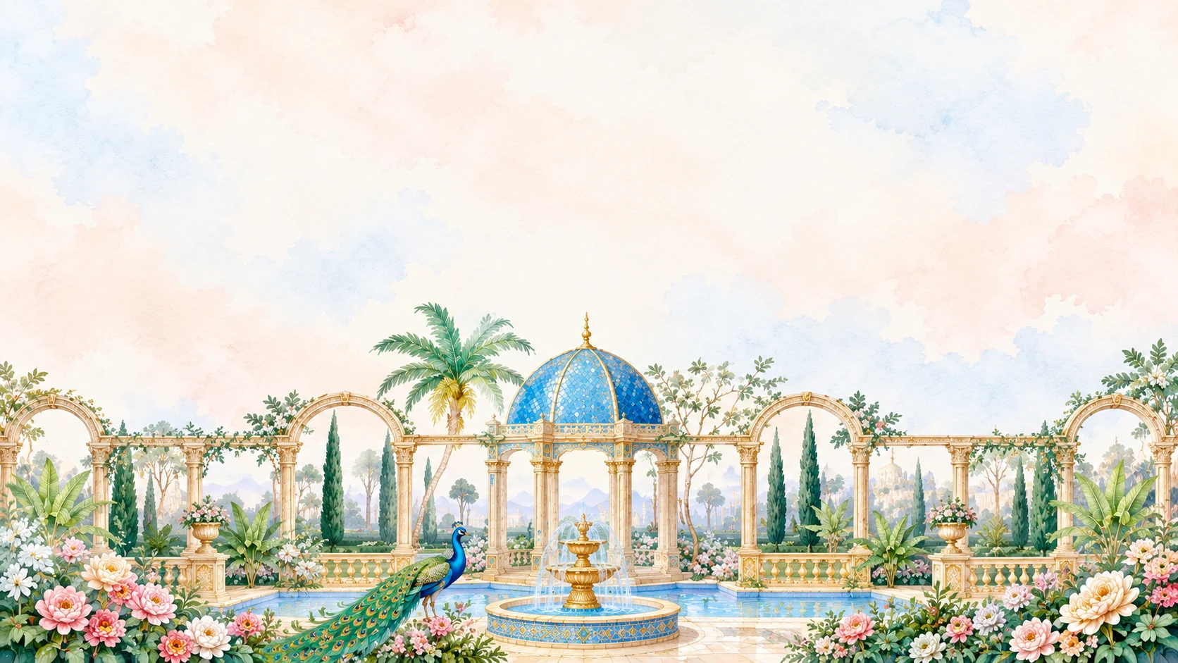 A watercolour palace garden with a domed pavilion
